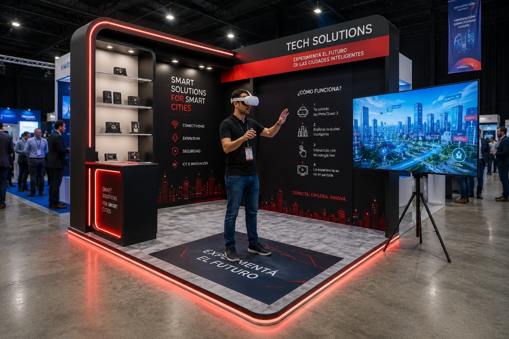 Render fotorrealista y visualización 3D de stand tecnológico corporativo con zona VR en Quito — AMBUSH