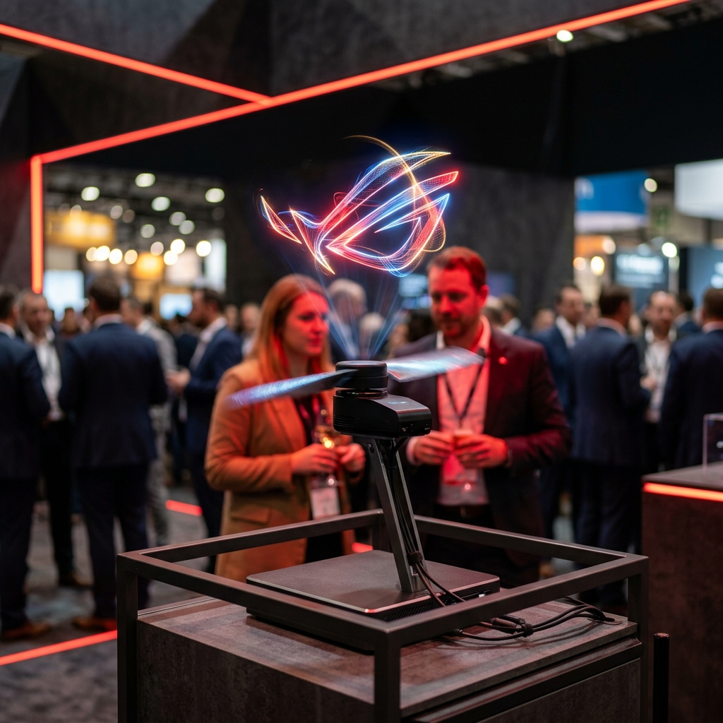 Stand interactivo con ventilador holográfico 3D flotante e integración tecnológica AMBUSH